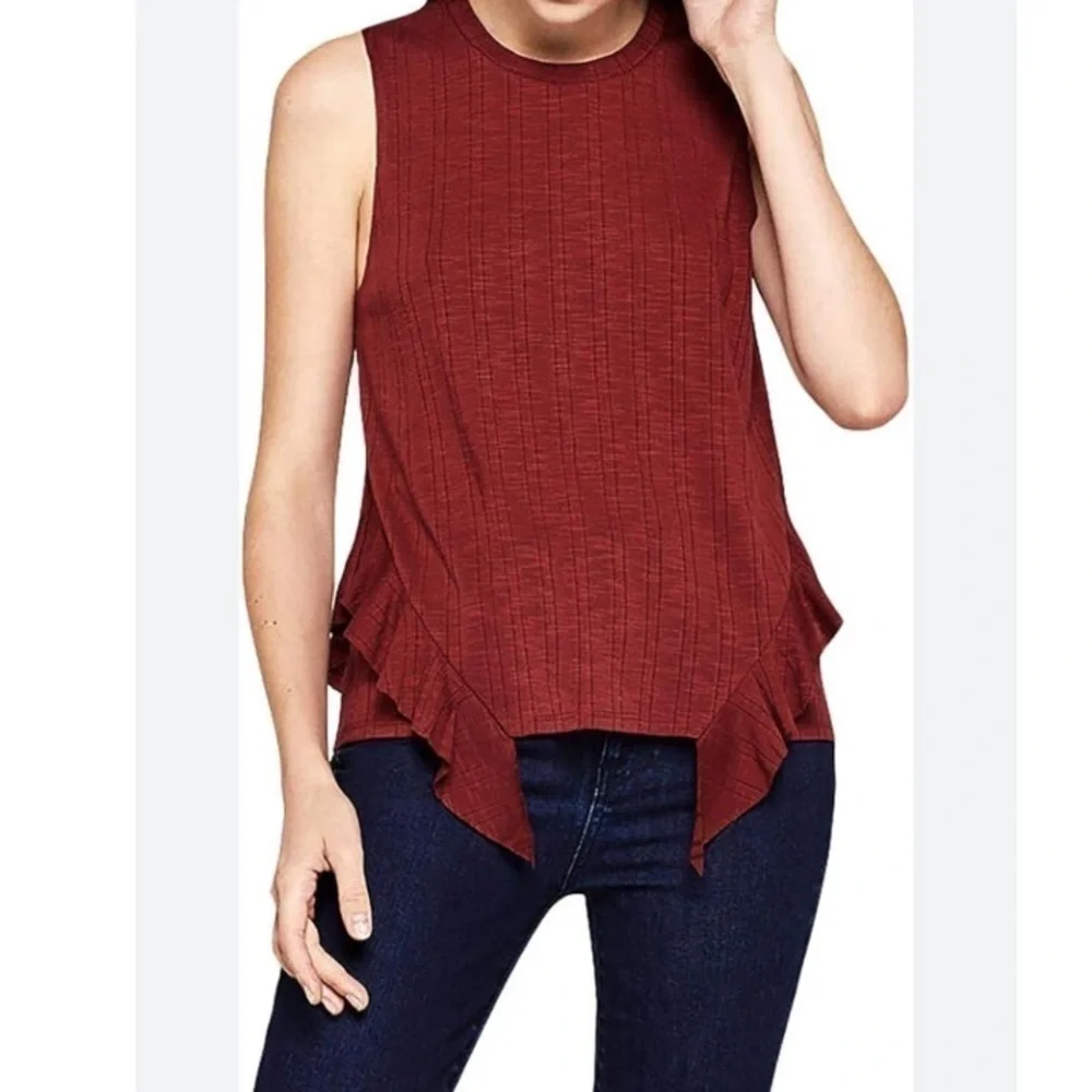 BCBGeneration Ruby Wine Side Ruffle Ribbed Tank - Picture 1 of 6